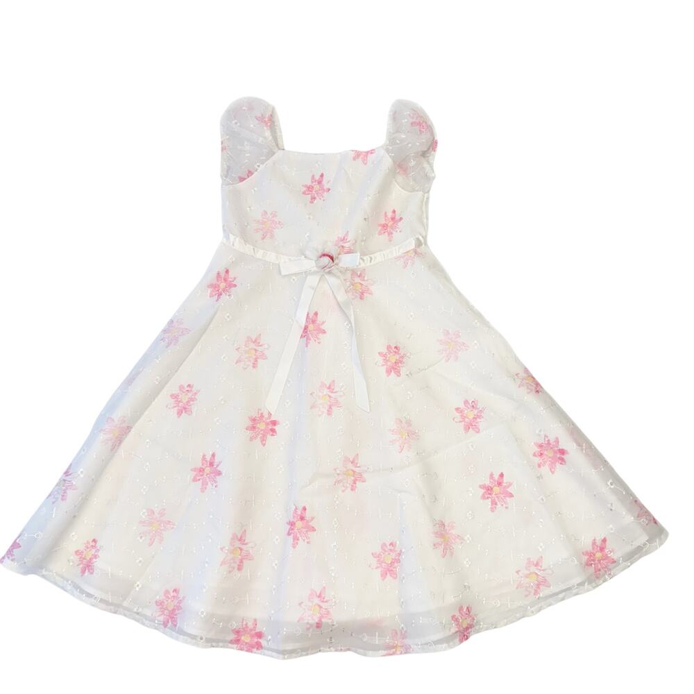 Blueberi Boulevard White Floral Bow Embroidered Chiffon Flare Flowy Dress Sz 6X